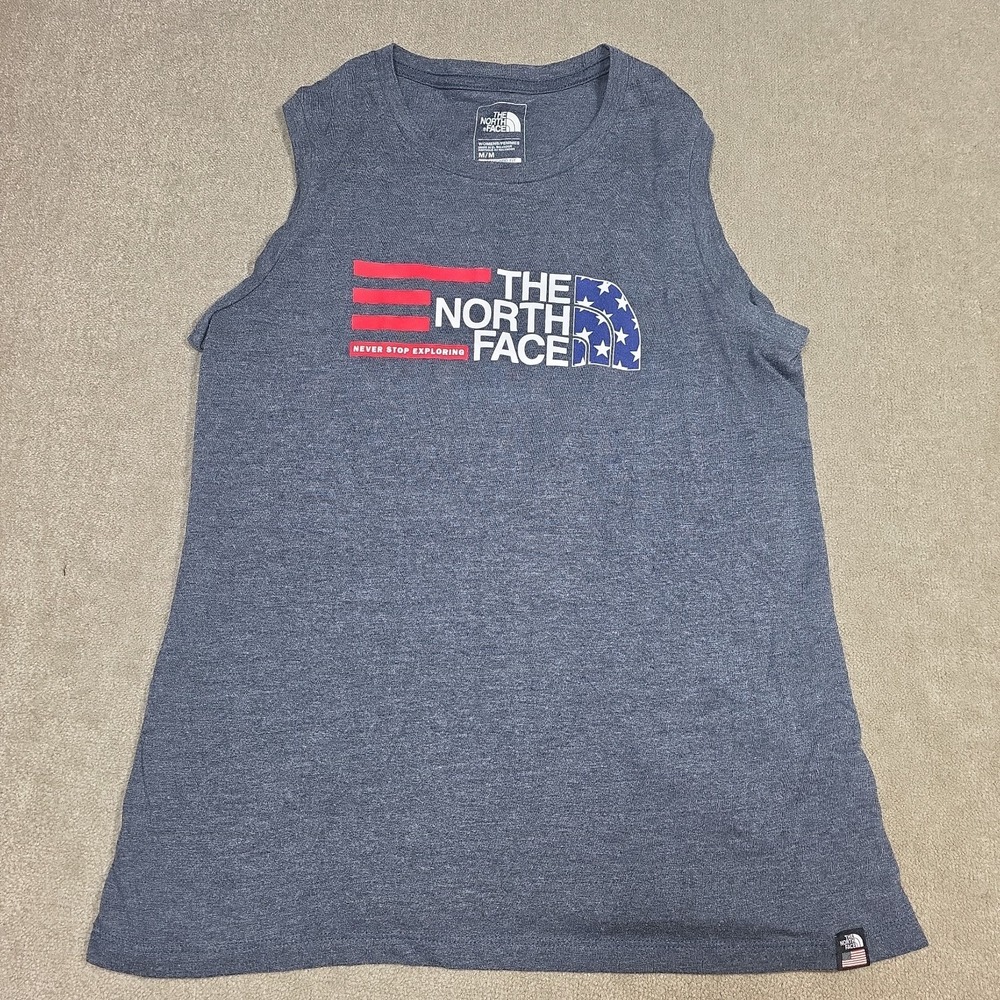 The North Face T-Shirt Women M Blue Sleeveless Cotton Blend Tee Stars Stripes